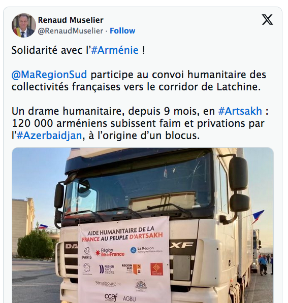 Solidarité avec l’#Arménie !  @MaRegionSud  participe au convoi humanitaire des collectivités françaises vers le corridor de Latchine.