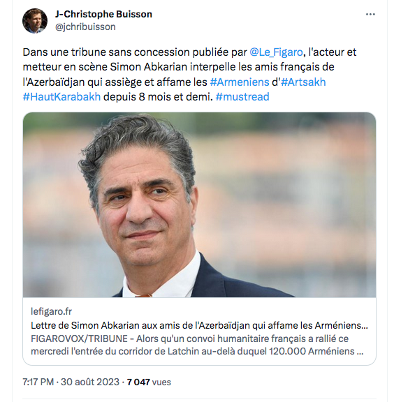 l&rsquo;acteur et metteur en scène Simon Abkarian interpelle les amis français de l&rsquo;Azerbaïdjan