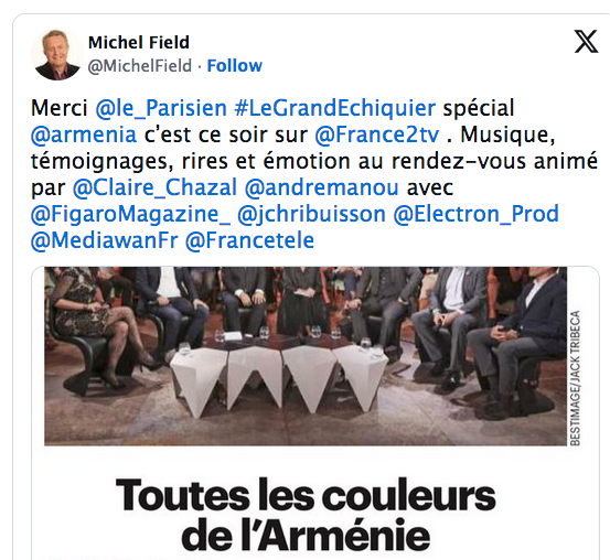 Merci @le_Parisien  #LeGrandEchiquier spécial @armenia  c’est ce soir sur @France2tv  .