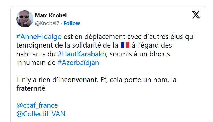 #AnneHidalgo est en déplacement avec d’autres élus qui témoignent de la solidarité de la 🇫🇷 à l’égard des habitants du #HautKarabakh
