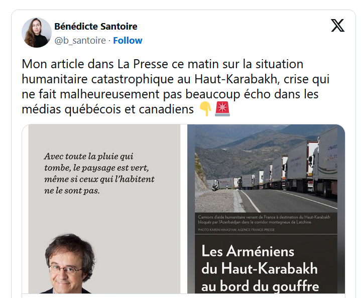 Mon article dans La Presse ce matin sur la situation humanitaire catastrophique au Haut-Karabakh