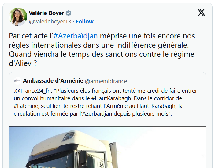 Par cet acte l&rsquo;#Azerbaïdjan méprise une fois encore nos règles internationales dans une indifférence générale.
