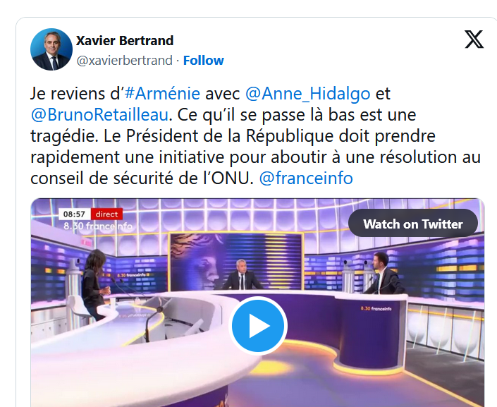 Je reviens d’#Arménie avec @Anne_Hidalgo  et @BrunoRetailleau . Ce qu’il se passe là bas est une tragédie.