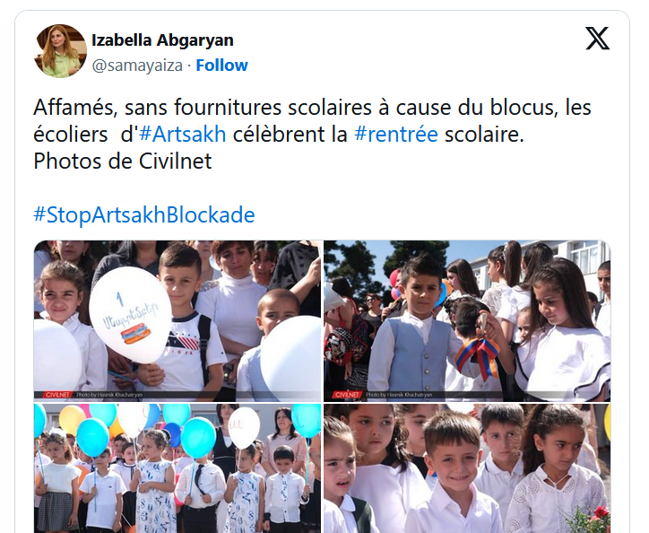 Affamés, sans fournitures scolaires à cause du blocus, les écoliers  d&rsquo;#Artsakh célèbrent la #rentrée scolaire.