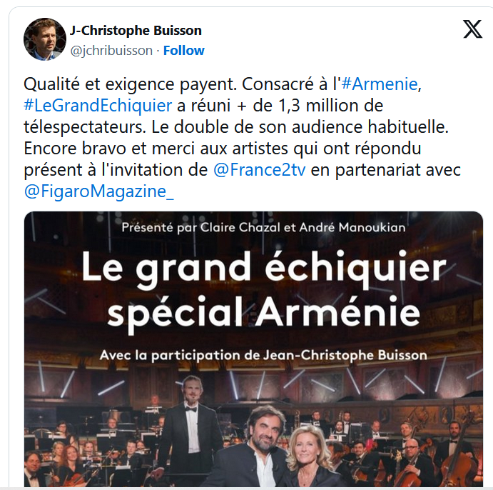 Qualité et exigence payent. Consacré à l&rsquo;#Armenie, #LeGrandEchiquier a réuni + de 1,3 million de télespectateurs.