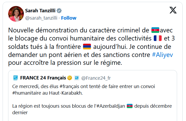 Nouvelle démonstration du caractère criminel de 🇦🇿avec le blocage du convoi humanitaire des collectivités 🇫🇷 et 3 soldats tués à la frontière 🇦🇲