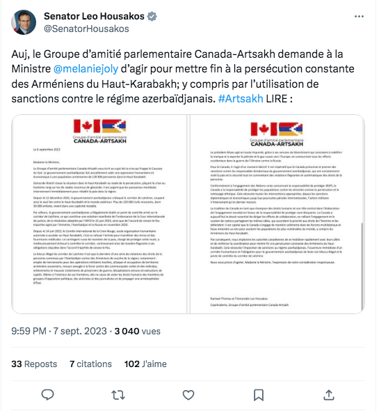 L&rsquo;appel du groupe d&rsquo;amitié Canada-Artsakh