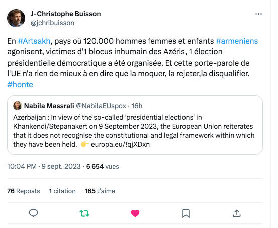 Honte à l&rsquo;UE pour sa réaction à l&rsquo;élection présidentielle en Artsakh