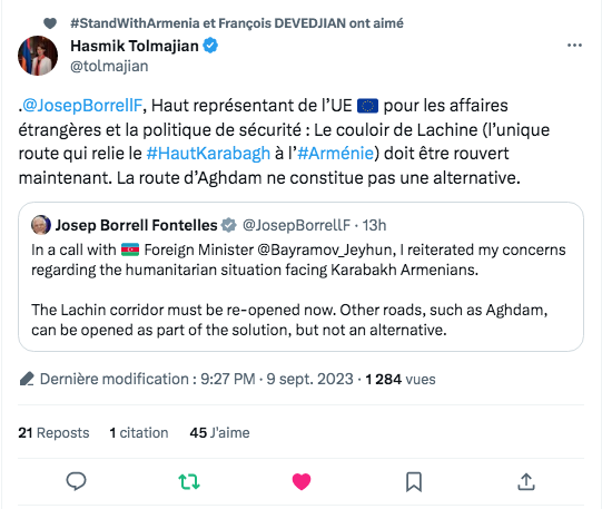 La déclaration de Borrell sur l&rsquo;ouverture du corridor de Latchine