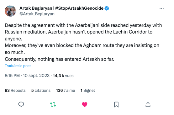 Rien n&rsquo;est entré au Karabakh jusqu&rsquo;à maintenant