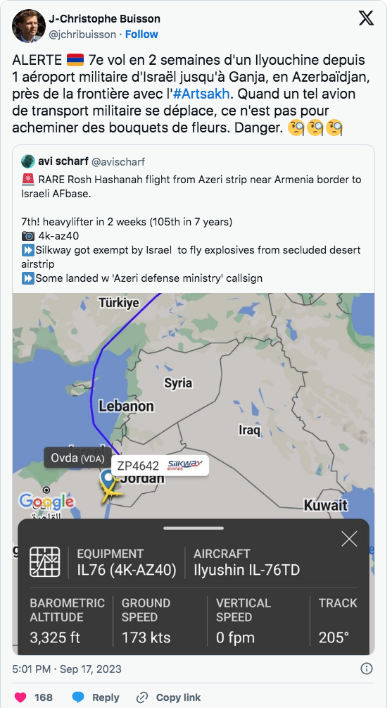 Alerte 7e vol en 2 semaines depuis un aéroport militaire d&rsquo;Israël jusqu&rsquo;à Ganja