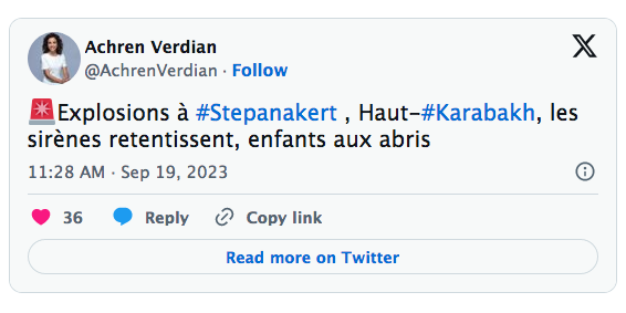 🚨Explosions à #Stepanakert , Haut-#Karabakh, les sirènes retentissent, enfants aux abris