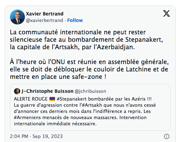 La communauté internationale ne peut rester silencieuse face au bombardement de Stepanakert