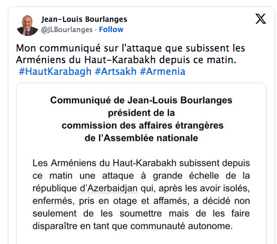 Mon communiqué sur l&rsquo;attaque que subissent les Arméniens du Haut-Karabakh depuis ce matin.