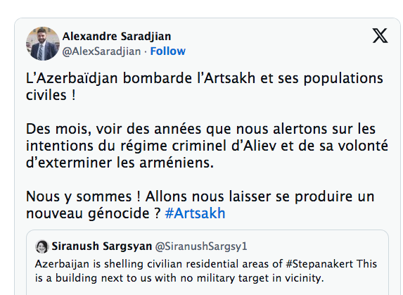 L’Azerbaïdjan bombarde l’Artsakh et ses populations civiles !