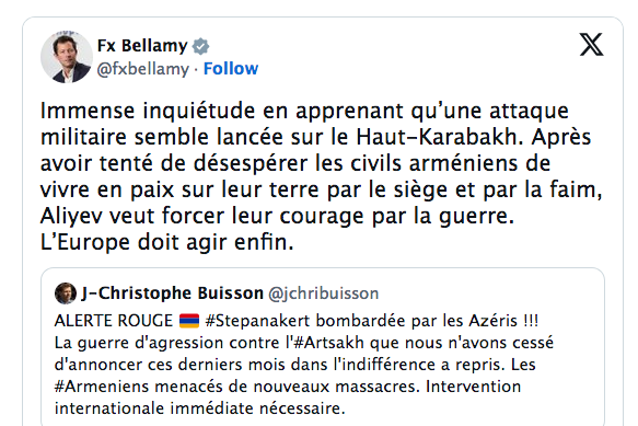 Immense inquiétude en apprenant qu’une attaque militaire semble lancée sur le Haut-Karabakh.