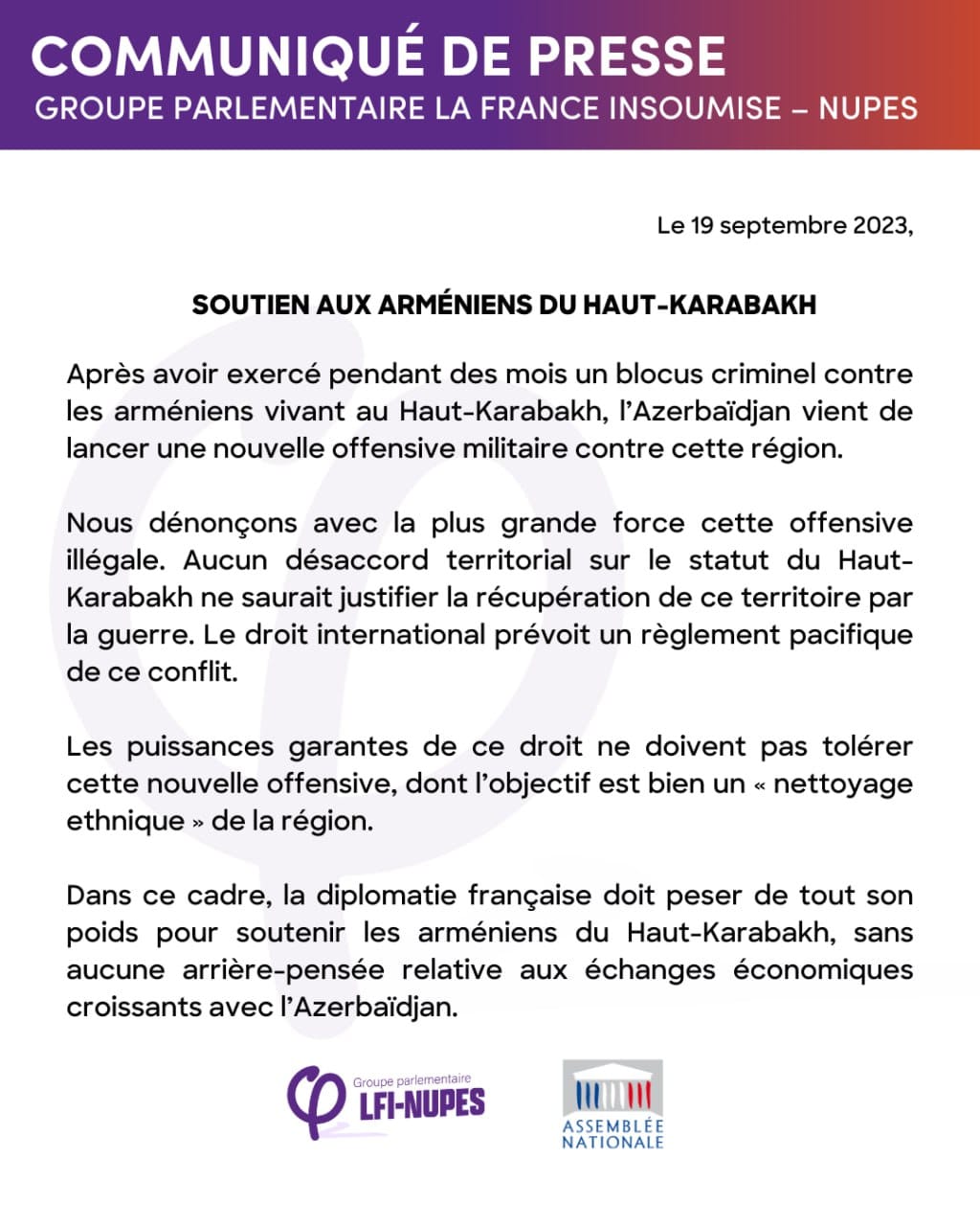 « La France insoumise » au coté des Arméniens du Haut-Karabakh