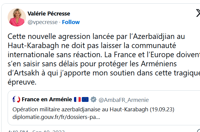 Cette nouvelle agression lancée par l’Azerbaïdjian au Haut-Karabagh ne doit pas laisser la communauté internationale sans réaction.