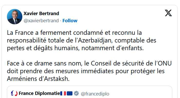La France a fermement condamné et reconnu la responsabilité totale de l’Azerbaïdjan