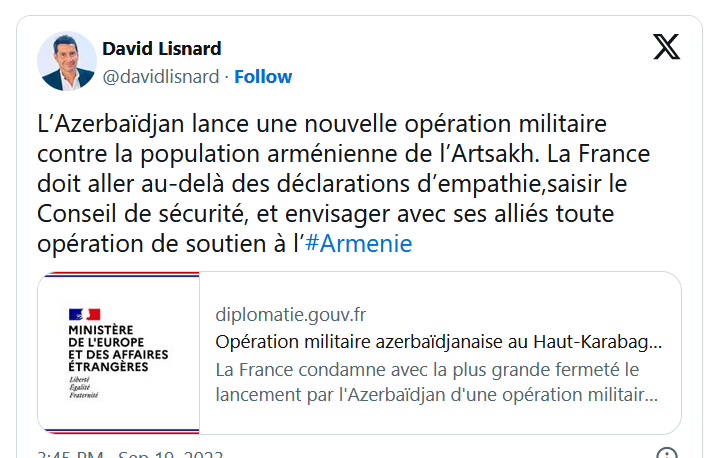 L’Azerbaïdjan lance une nouvelle opération militaire contre la population arménienne de l’Artsakh.