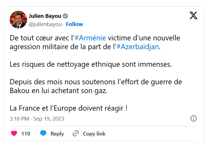 De tout cœur avec l&rsquo;#Arménie victime d&rsquo;une nouvelle agression militaire de la part de l&rsquo;#Azerbaïdjan.