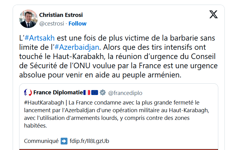 L’#Artsakh est une fois de plus victime de la barbarie sans limite de l’#Azerbaidjan.