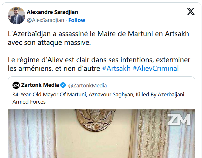L’Azerbaïdjan a assassiné le Maire de Martuni en Artsakh avec son attaque massive.