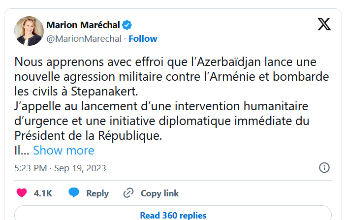Nous apprenons avec effroi que l’Azerbaïdjan lance une nouvelle agression militaire contre l’Arménie et bombarde les civils à Stepanakert.