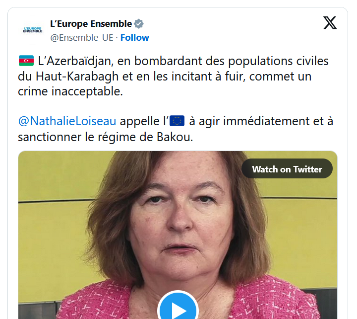 🇦🇿 L’Azerbaïdjan, en bombardant des populations civiles du Haut-Karabagh et en les incitant à fuir, commet un crime inacceptable.