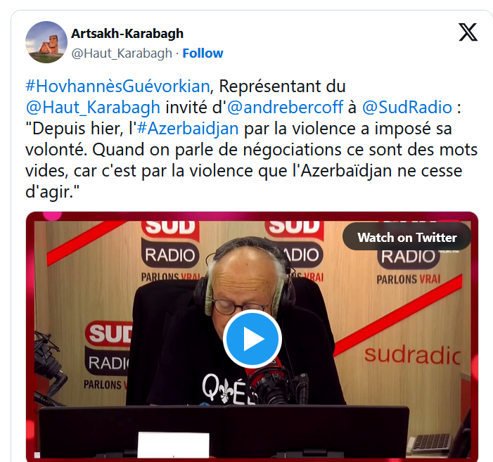 #HovhannèsGuévorkian, Représentant du @Haut_Karabagh  invité d&rsquo;@andrebercoff  à @SudRadio