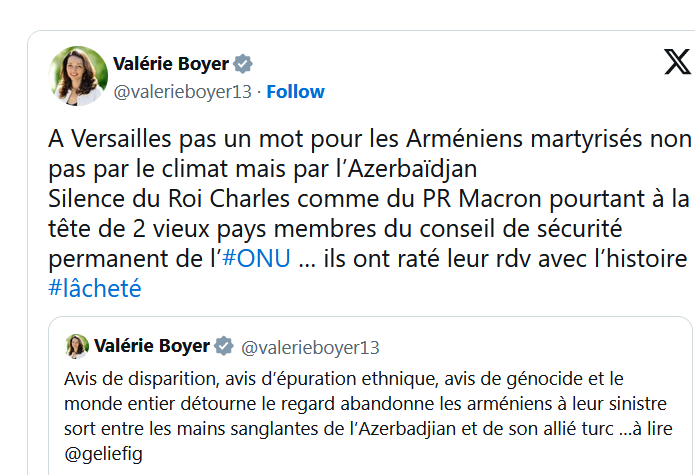 A Versailles pas un mot pour les Arméniens martyrisés non pas par le climat mais par l’Azerbaïdjan