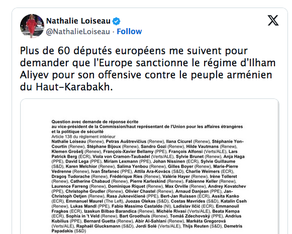 Plus de 60 députés européens me suivent pour demander que l’Europe sanctionne le régime d’Ilham Aliyev
