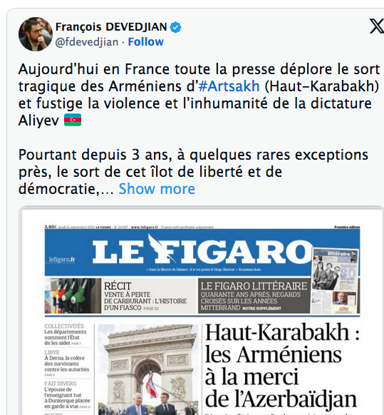 Aujourd’hui en France toute la presse déplore le sort tragique des Arméniens d’#Artsakh (Haut-Karabakh
