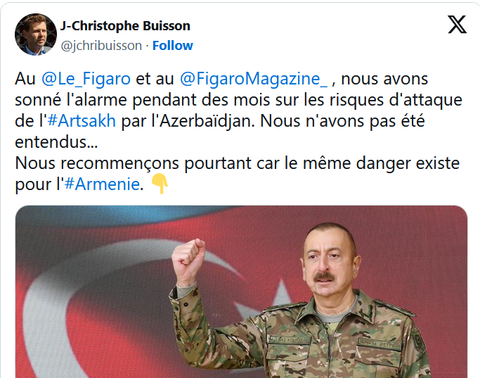 Au @Le_Figaro  et au @FigaroMagazine, nous avons sonné l&rsquo;alarme pendant des mois sur les risques d&rsquo;attaque de l&rsquo;#Artsakh par l&rsquo;Azerbaïdjan.