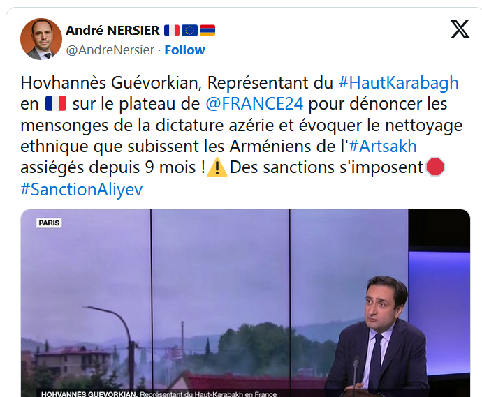 Hovhannès Guévorkian, Représentant du #HautKarabagh en 🇫🇷 sur le plateau de @FRANCE24