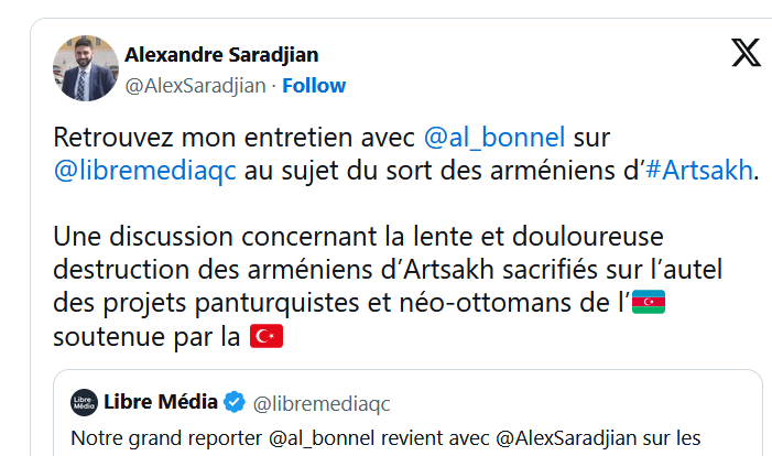 Retrouvez mon entretien avec @al_bonnel  sur @libremediaqc  au sujet du sort des arméniens d’#Artsakh.