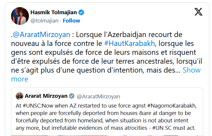 .@AraratMirzoyan  : Lorsque l’Azerbaidjan recourt de nouveau à la force contre le #HautKarabakh,