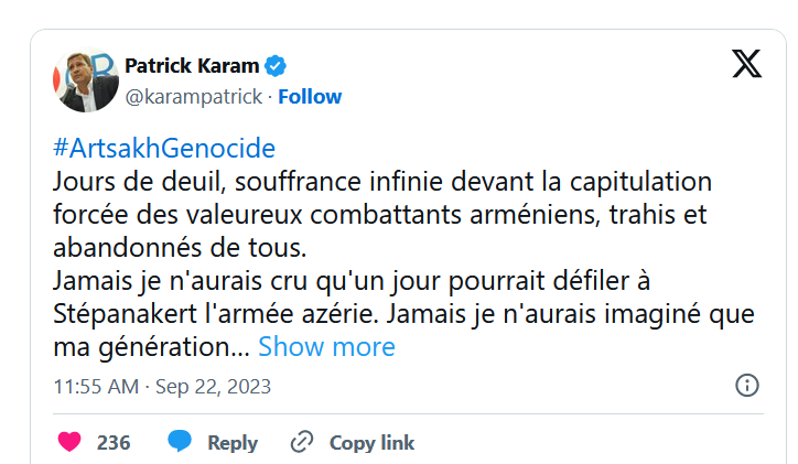 Jours de deuil, souffrance infinie devant la capitulation forcée des valeureux combattants arméniens, trahis et abandonnés de tous.