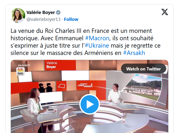 La venue du Roi Charles III en France est un moment historique. Avec Emmanuel #Macron, ils ont souhaité s&rsquo;exprimer à juste titre sur l&rsquo;#Ukraine mais je regrette ce silence sur le massacre des Arméniens en #Arsakh