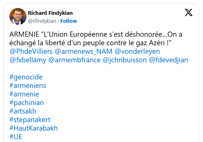 ARMENIE « L&rsquo;Union Européenne s&rsquo;est déshonorée…On a échangé la liberté d&rsquo;un peuple contre le gaz Azéri ! »