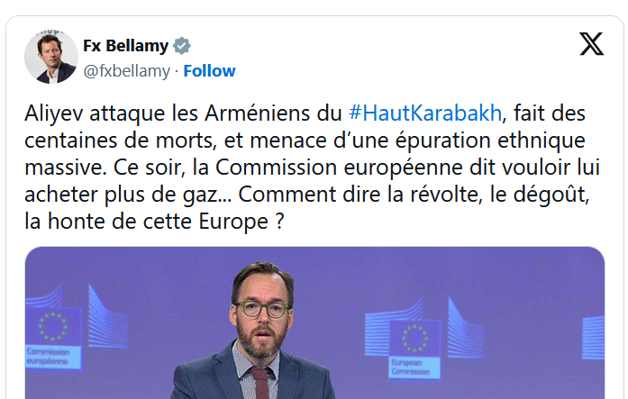 Aliyev attaque les Arméniens du #HautKarabakh, fait des centaines de morts, et menace d’une épuration ethnique massive.