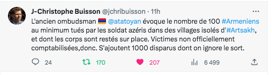 100 victimes civiles supplémentaires et 1000 disparus selon A.Tatoyan