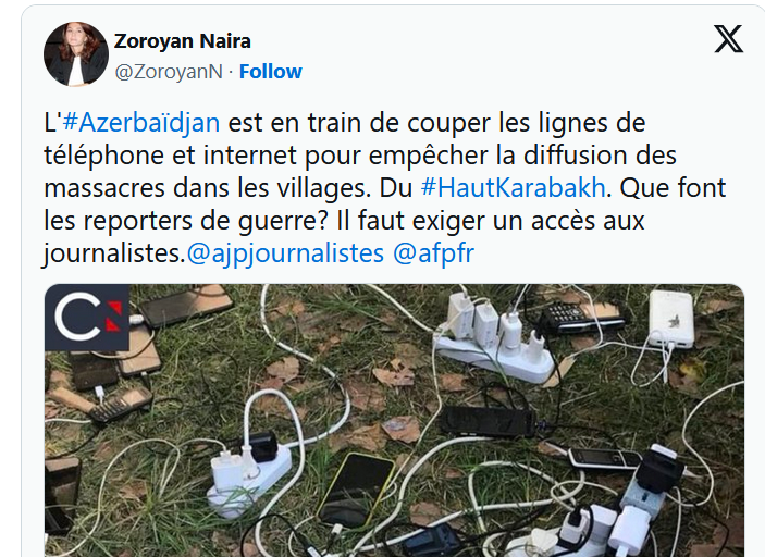 L&rsquo;#Azerbaïdjan est en train de couper les lignes de téléphone et internet pour empêcher la diffusion des massacres dans les villages