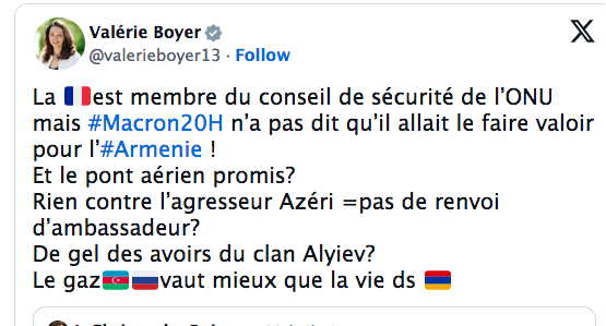 La 🇫🇷est membre du conseil de sécurité de l’ONU mais #Macron20H n’a pas dit qu’il allait le faire valoir pour l’#Armenie !