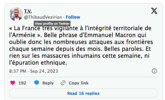 « La France très vigilante à l’intégrité territoriale de l’Arménie »