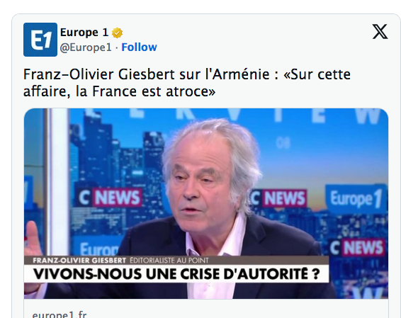 Franz-Olivier Giesbert sur l&rsquo;Arménie : «Sur cette affaire, la France est atroce»