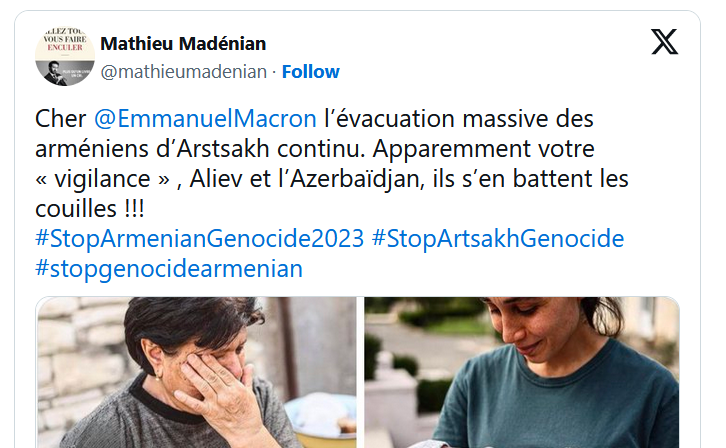 Cher @EmmanuelMacron  l’évacuation massive des arméniens d’Arstsakh continu.