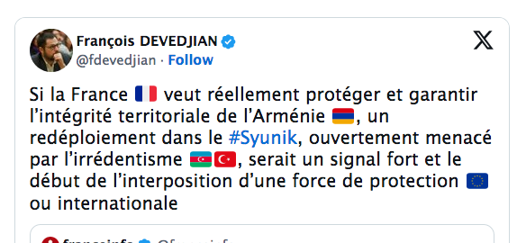Si la France 🇫🇷 veut réellement protéger et garantir l’intégrité territoriale de l’Arménie 🇦🇲(…)