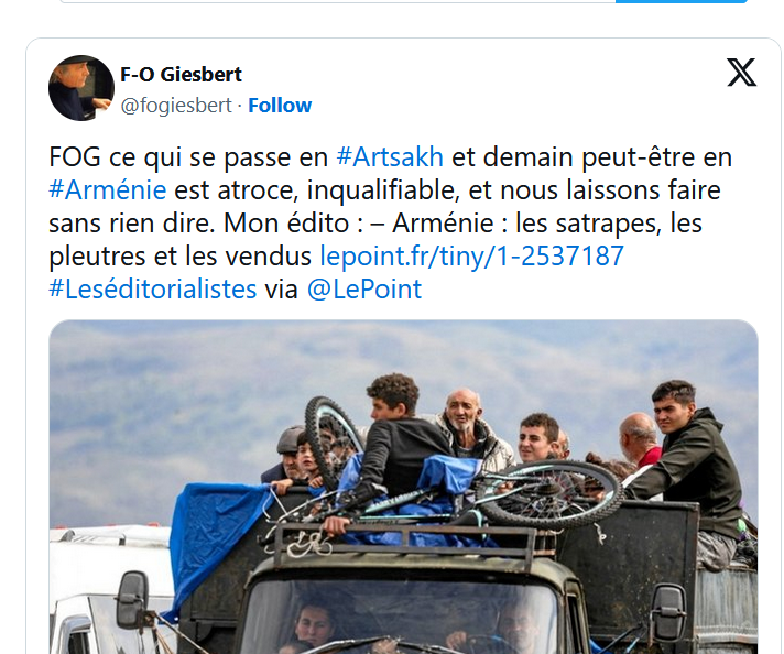 FOG ce qui se passe en #Artsakh et demain peut-être en #Arménie est atroce, inqualifiable, et nous laissons faire sans rien dire.