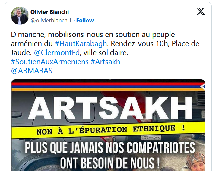 Dimanche, mobilisons-nous en soutien au peuple arménien du #HautKarabagh. Rendez-vous 10h, Place de Jaude. @ClermontFd , ville solidaire.